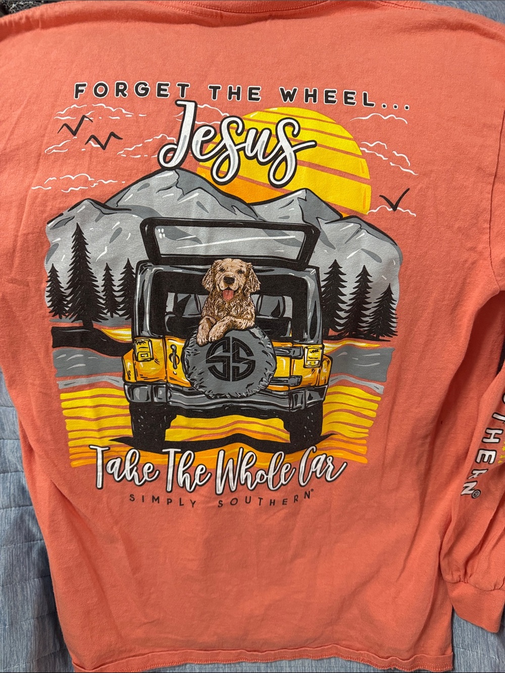 Simply Southern Coral Long-Sleeve Tee with Yellow Jeep & Sunset Graphic